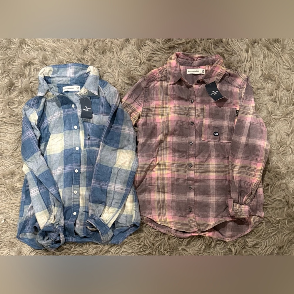 New With Tags Abercrombie Kids Blue and Pink Plaid Button Down Shirt Bundle